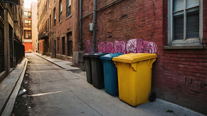 trash bins with garbage scattered on the sidewalk.