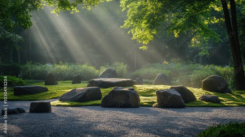 Poster A serene landscape featuring stones and sunlight filtering through trees.