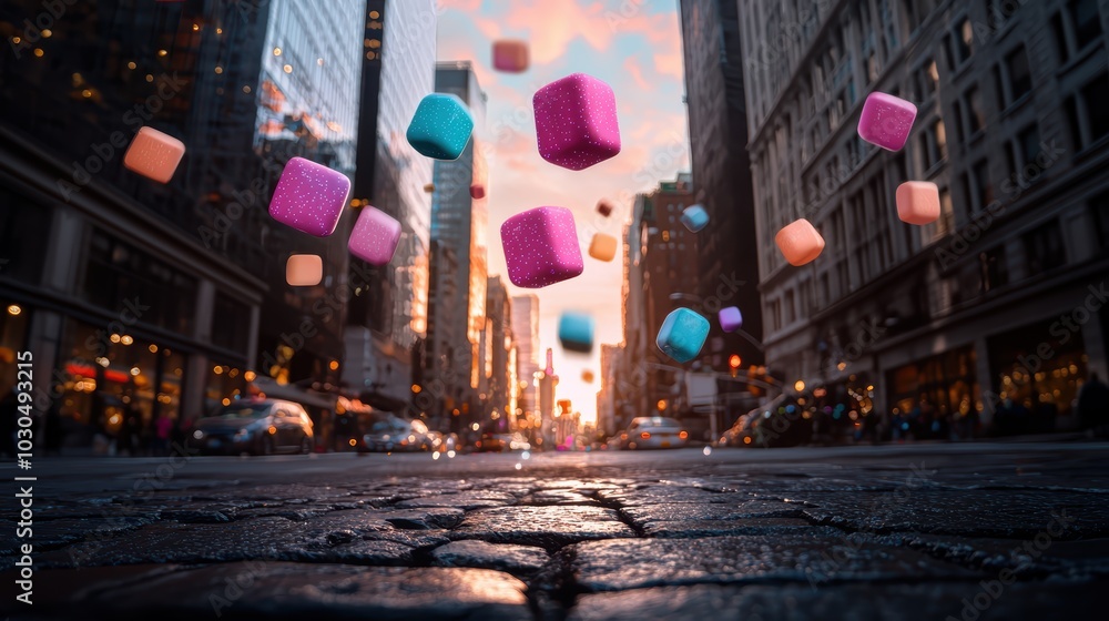 Poster surreal cityscape with colorful cubes floating above a street, capturing an enchanting blend of urba
