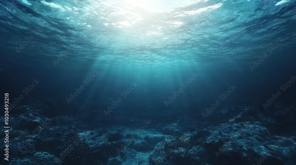 Poster a serene underwater scene with sunlight filtering through the surface, illuminating the ocean depths
