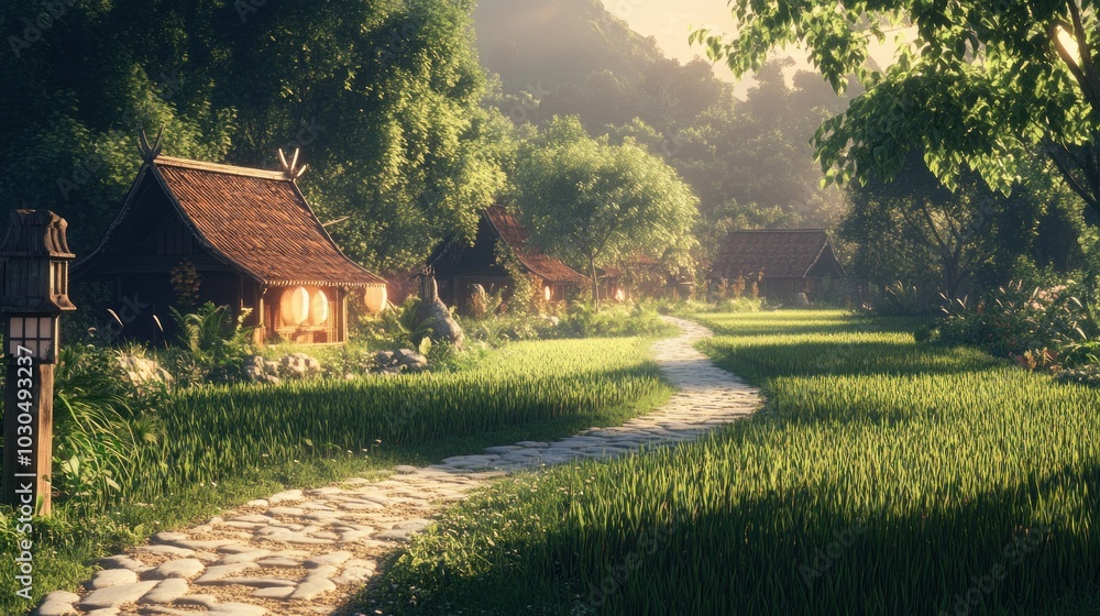 Poster A serene village pathway lined with lush greenery and traditional houses.