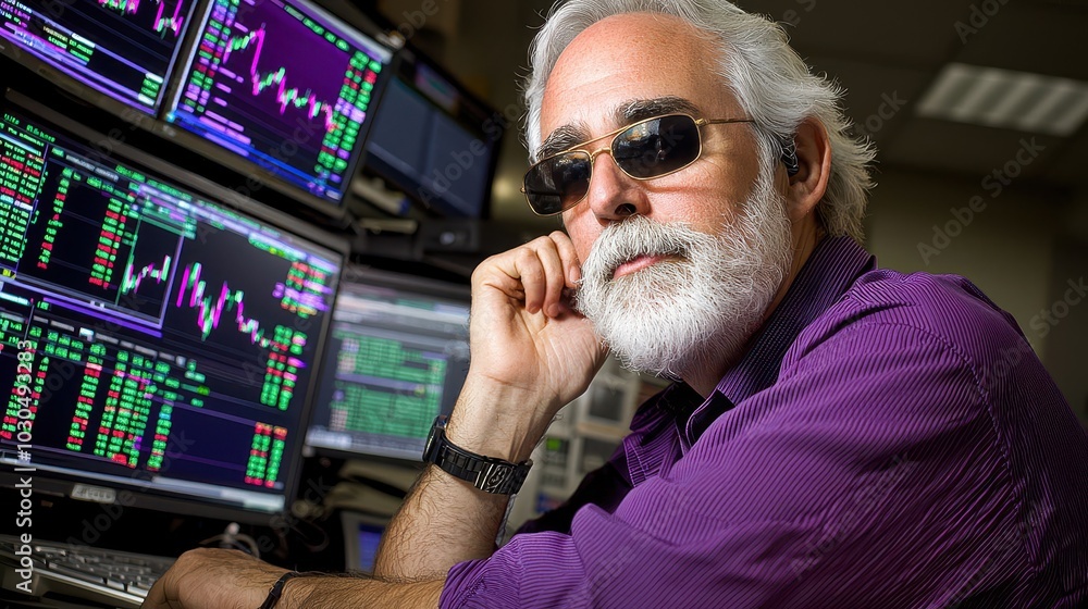 Poster focused stock trader analyzing market trends on multiple screens in an office.