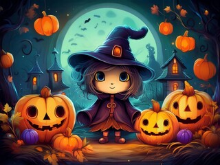 2D animation cute and cheerfu Halloween theme. Halloween pumpkin on abandoned old road and medieval castle on the background