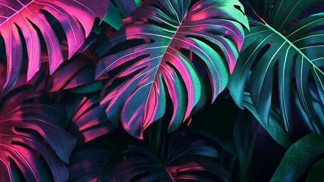 Large tropical leaves glow with pink and green light