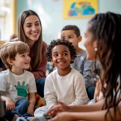 Fototapeta premium Volunteers Helping Children in a Community Center Generative AI
