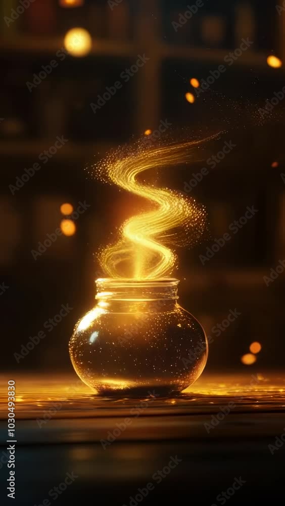 Poster magical jar emits swirling golden light, creating enchanting atmosphere filled with sparkling partic