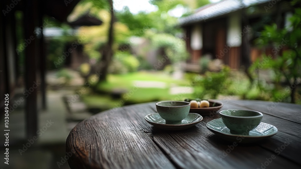 Canvas Prints A serene outdoor setting featuring tea cups and a garden view.