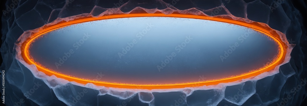 Poster orange, ellipse neon light outline set on a cold, icy surface with scattered transparent ice chunks,