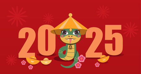 2025 Chinese New Year, 2025 Year of the Snake poster with zodiac snake design. gold ingots and flowers. Year of the Snake banner design with Chinese zodiac snake.