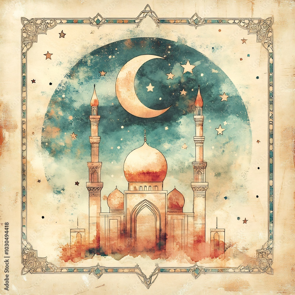Aufkleber beautiful ramadan kareem card template featuring intricate geometric patterns and soft pastel colors