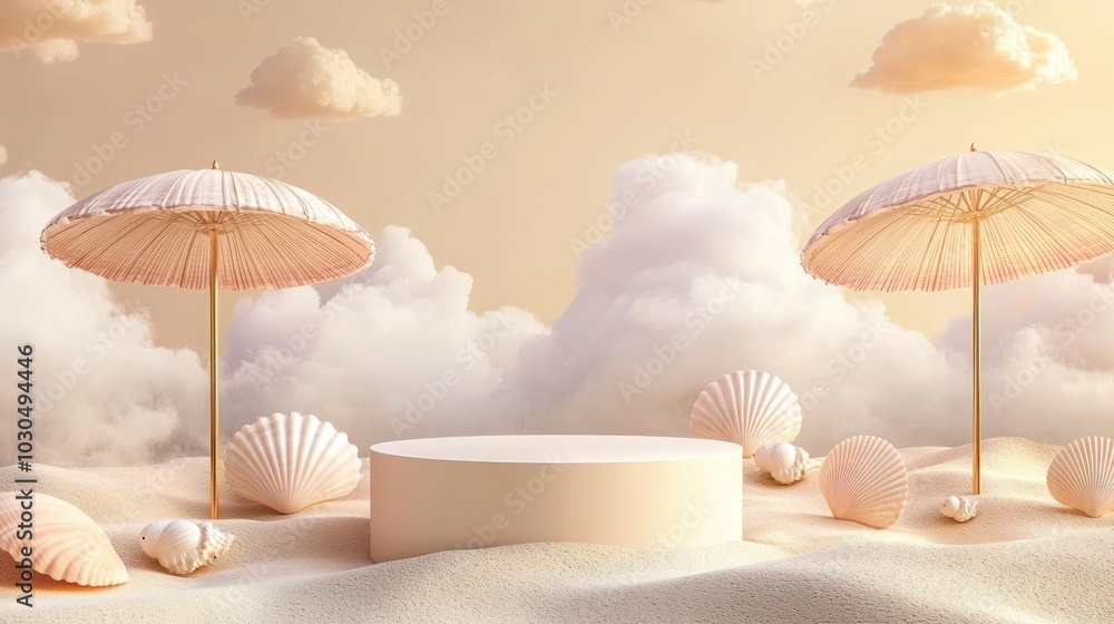 Wall mural A serene beach scene with soft clouds, umbrellas, and seashells, ideal for presentations.