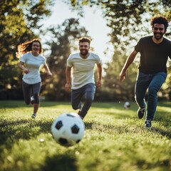 Fototapeta premium Friends Playing Soccer in a Park - Casual Outdoor Activity Generative AI