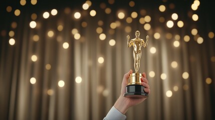 Two hands lifting a prestigious gold award with reflections of vibrant stage lights in the background