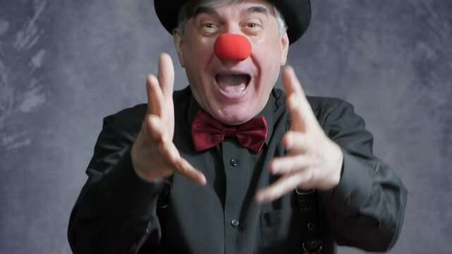 Video of a funny laughing and fooling clown on dark background.