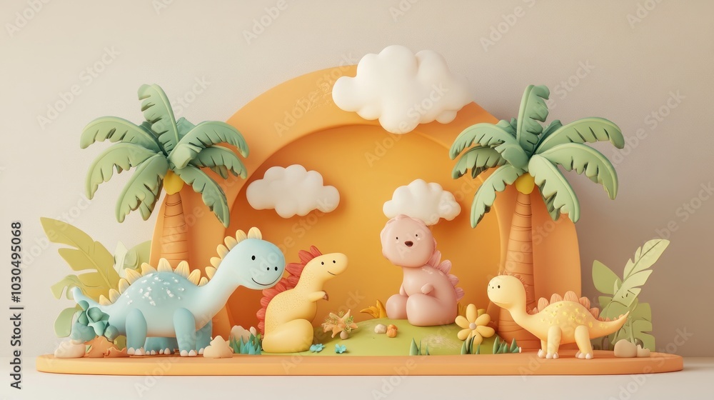 Poster a playful scene featuring colorful dinosaur figures surrounded by palm trees and clouds.