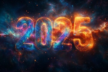 New Year's Day, 2025 made of colorful stardust, with backdrop of an ethereal galaxy with swirling nebulae and shooting stars
