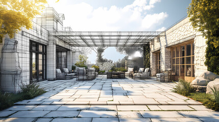 Obraz premium Wireframe rendering of a building in 3D. Done view hard landscaping, new luxury stone patio and garden of English home. Idea for an abstract construction graphic