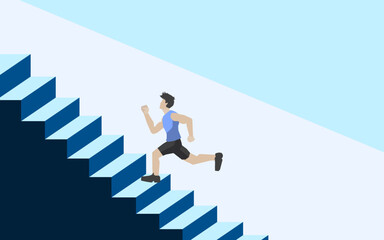 Athletes running up stairs, climbing to a higher level in sports competition, effort and determination.