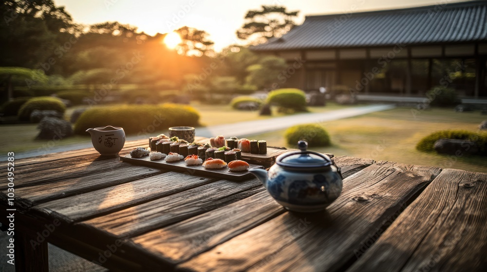 Sticker A serene outdoor setting featuring sushi and tea, with a garden view at sunset.