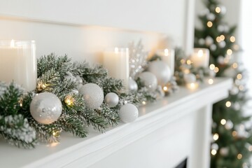 White fireplace decorated for christmas with a garland, white and silver baubles, and candles,...