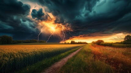 Fototapeta premium Dramatic Thunderstorm Over Golden Fields at Sunset