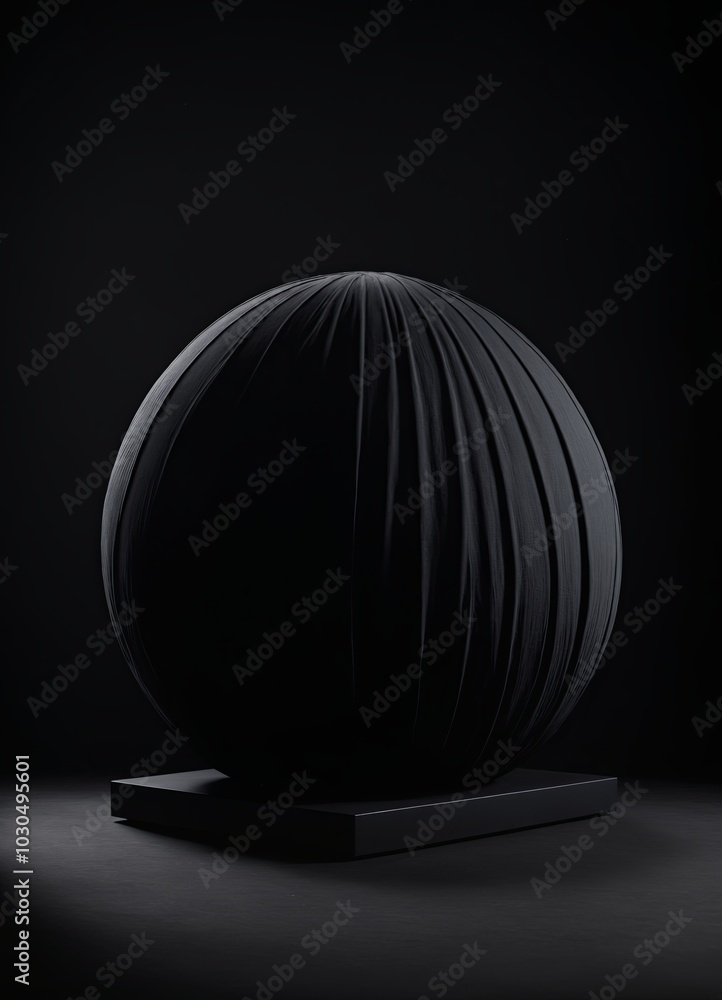 Poster large spherical object draped in black fabric, placed on a dark platform. the mysterious atmosphere 
