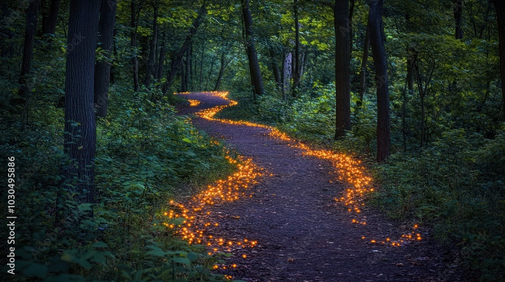 Poster a winding forest path illuminated by glowing lights, creating a magical atmosphere.
