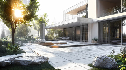 Obraz premium Wireframe rendering of a building in 3D. Done view hard landscaping, new luxury stone patio and garden of English home. Idea for an abstract construction graphic