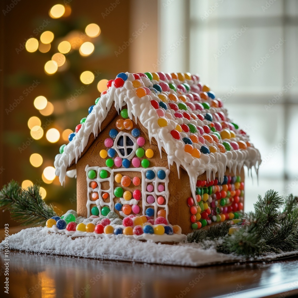 Poster gingerbread house decorated with colorful candy and icing is sitting on a snow-dusted table with a c