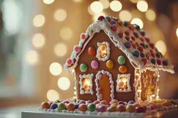 Naklejka premium Gingerbread house decorated with icing and gummy candies is standing on a table with christmas lights in the background