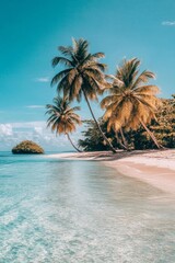 Obraz premium A beautiful beach in the Caribbean with palm trees and clear water, white sand, a small island off to one side of it, clear blue sky, a tropical vibe.