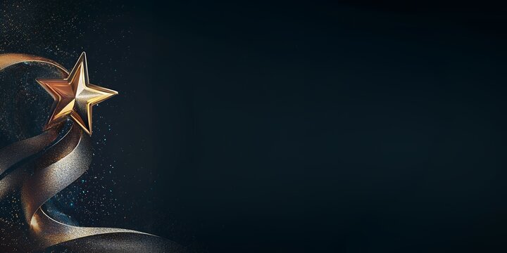 A golden star on a dark blue background with a ribbon flowing around it.