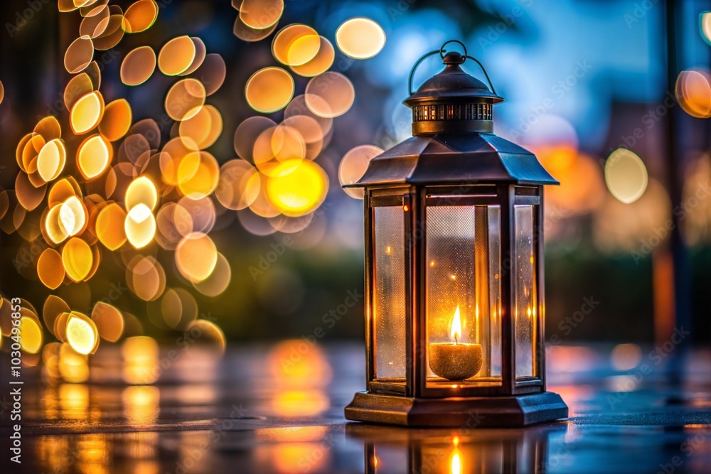 Canvas Prints warm lantern glow with blurred background lights and glass texture