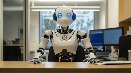 Humanoid Robot at Desk with Blue Eyes and Friendly Face
