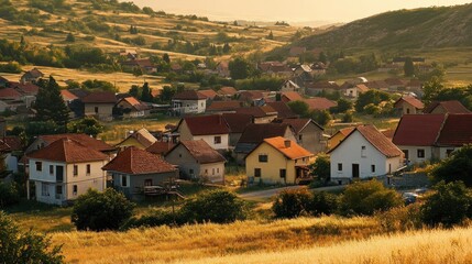 Naklejka premium A serene village landscape with houses and rolling hills under a golden sunset.