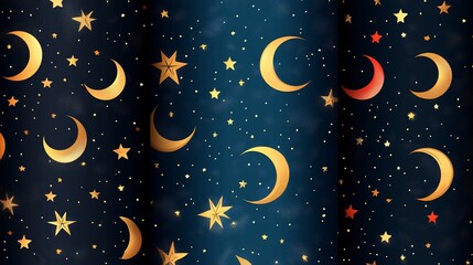 Beautiful vector seamless pattern featuring star and crescent motifs in a harmonious layout perfect for enhancing Ramadan aesthetics presented on a colorful swatch panel