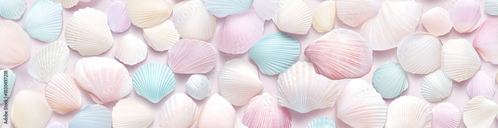 Poster a collection of pastel-colored seashells arranged in a visually appealing pattern.