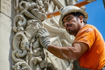 Construction worker carefully restores an ornate detail on a building facade, showcasing the skill and artistry involved in preservation