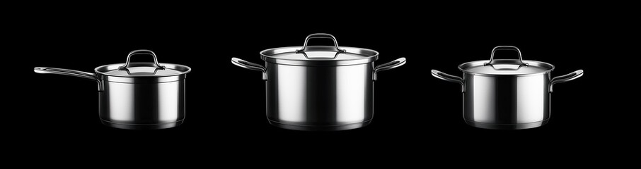 Stainless steel pots with handle and lid in different positions isolated on black background.