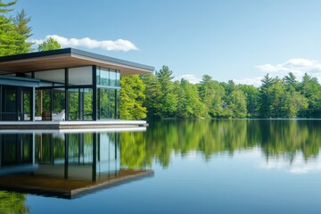 Obraz premium Modern boathouse with large windows reflecting on the perfectly still water of a lake on a sunny day
