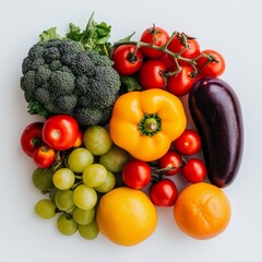 Vibrant Assortment of Fruits and Vegetables on White Background for Healthy Eating and Grocery Store Displays Generative AI