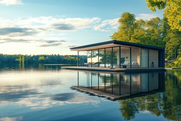 Fototapeta premium Luxurious, modern, floating home with large windows reflecting in the calm lake water at sunset
