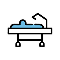 Minimalist hospital bed icon in black and blue representing medical care
