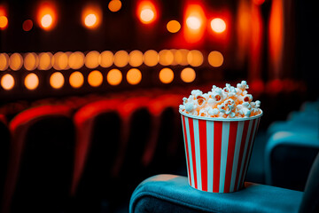 Close-up of popcorn in a striped bucket on a blurred cinema background with rows of red velvet armchairs, bokeh lights, and space for text.