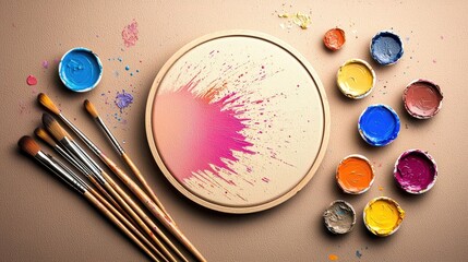Artistic workspace with vibrant paint colors and brushes arranged creatively on a tabletop.