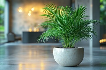 A large potted palm plant sits on a white ceramic planter in a room with a moder