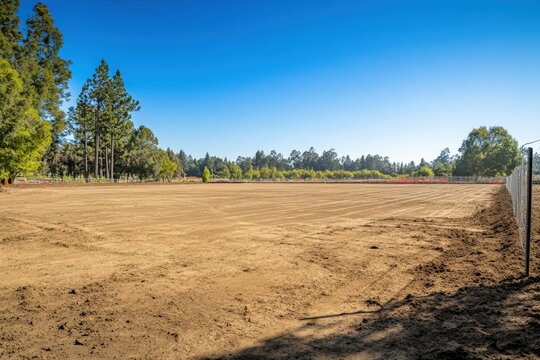 Recently leveled construction lot sits ready for building to begin on a beautiful day