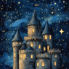 Obraz premium Whimsical Castle Under Starry Night Sky, Ideal for Fantasy and Adventure Concepts Generative AI