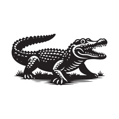 Black Crocodile Silhouette Illustration. Vector Drawing on White.