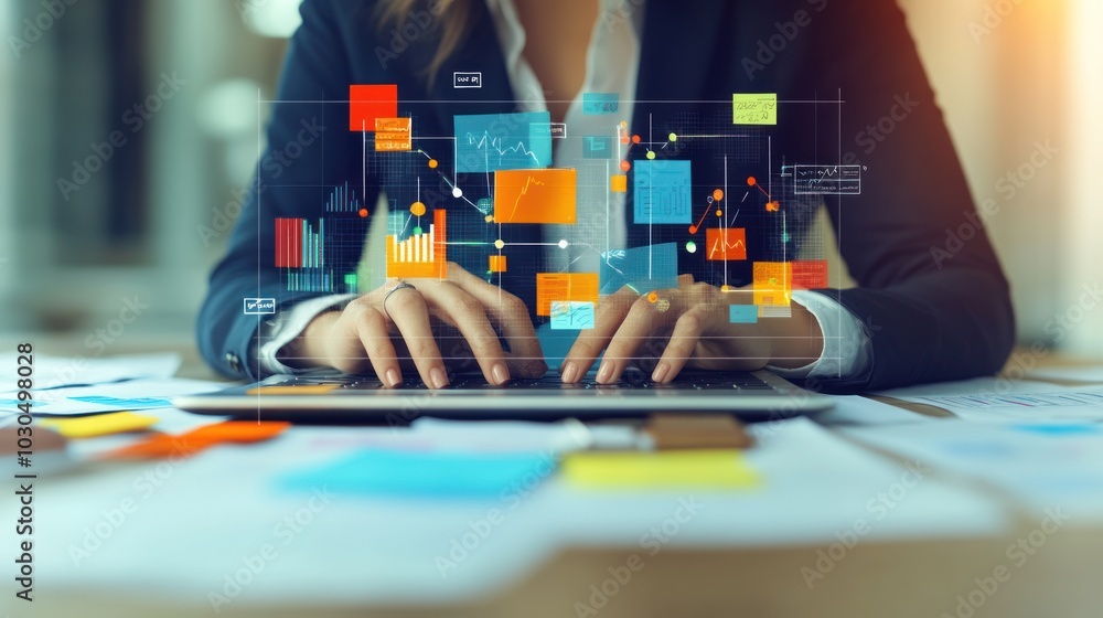 Poster professional working on a laptop with data visualization graphics.